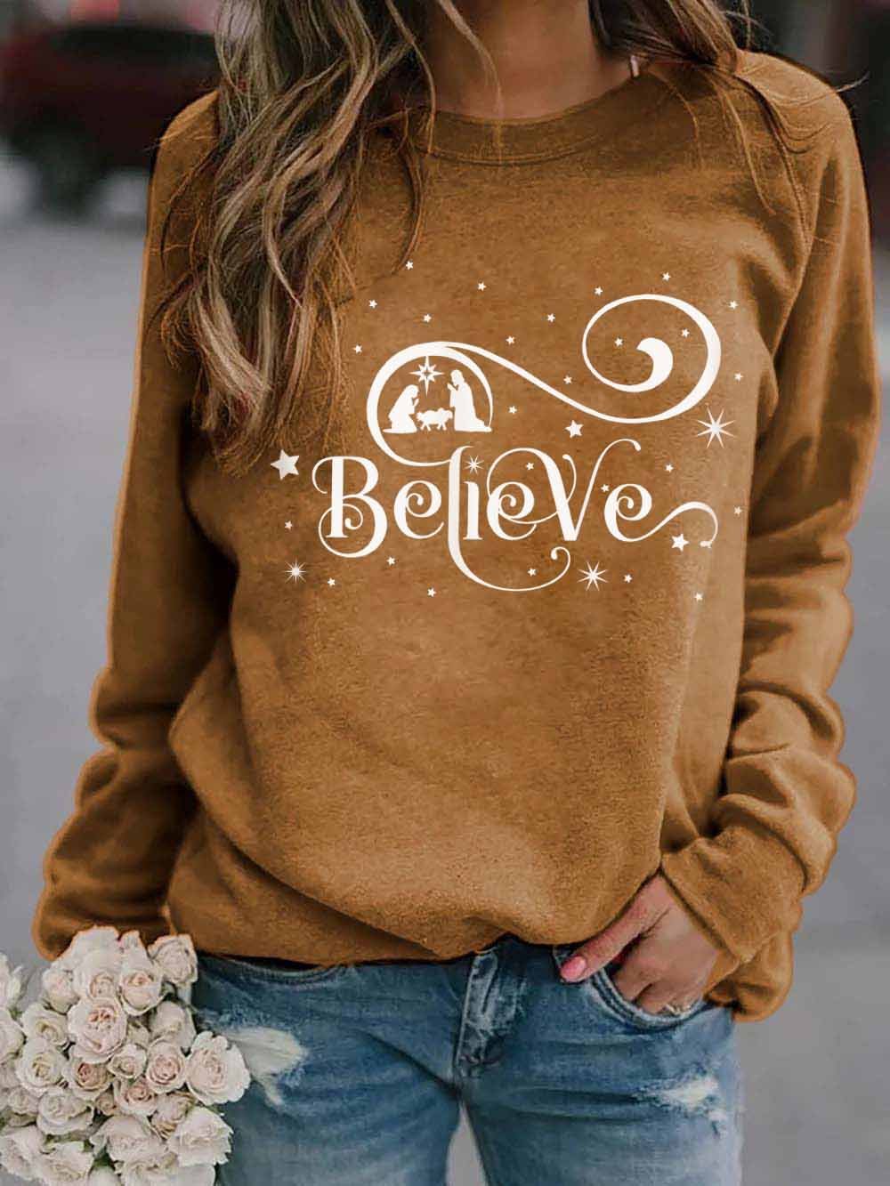 Ladies Christmas Believe Print Sweatshirt