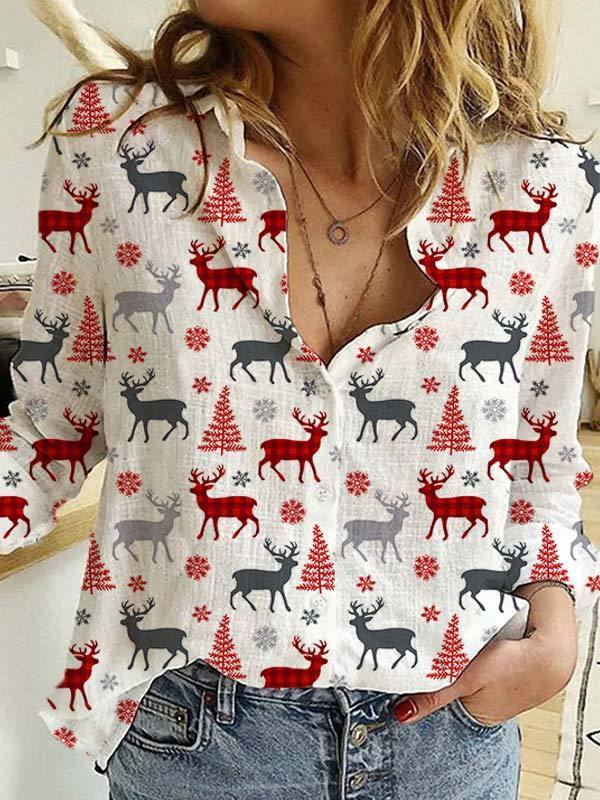 Ladies Christmas Elk Snow Tree Print Shirt