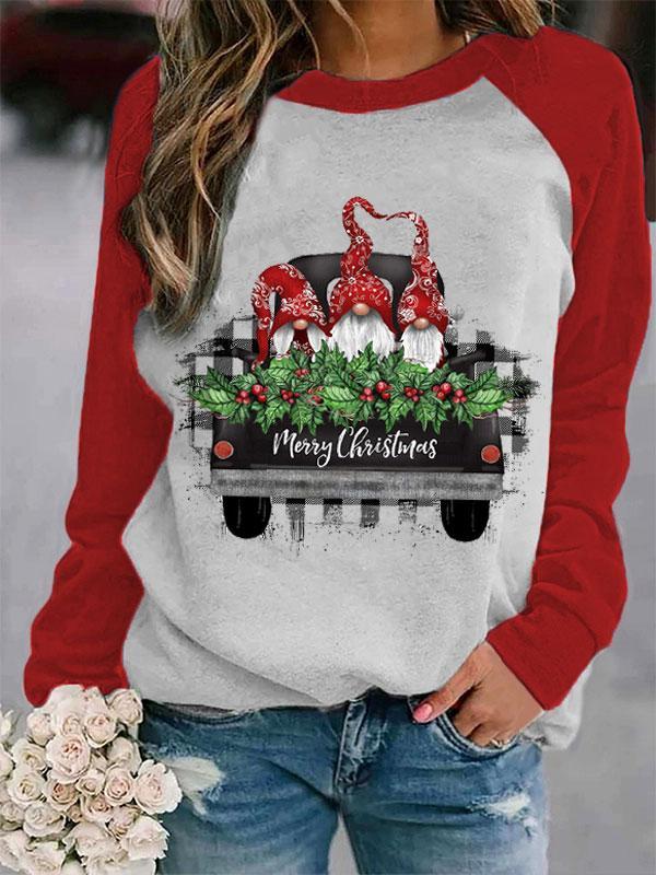 Women's MERRY CHRISTMAS truck gnome print color block sweatshirt