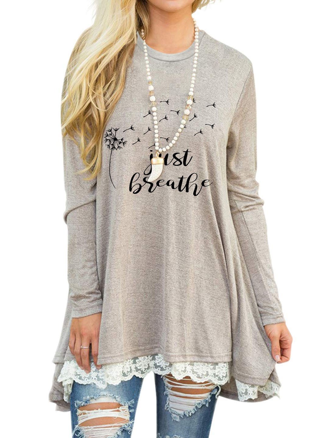 Women's Dandelion Faith JUST BREATHE Lace Long Sleeve T-shirt