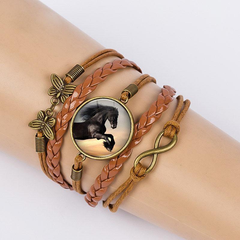 Vintage Horse Time Gem Woven Leather Glass Bracelet