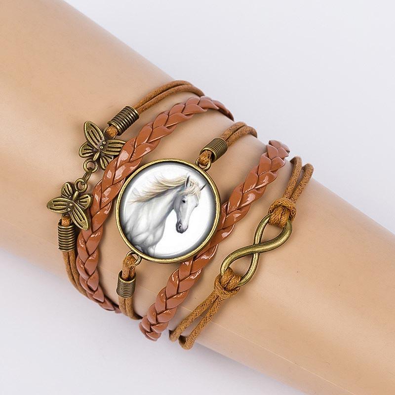 Vintage Horse Time Gem Woven Leather Glass Bracelet