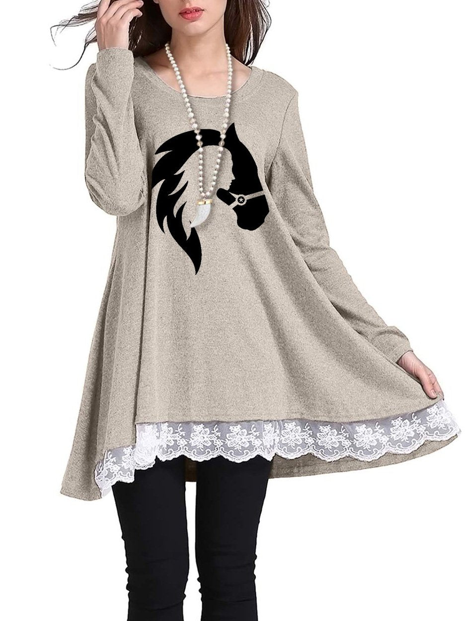 Women's Equestrian Print Lace Long Sleeve T-shirt