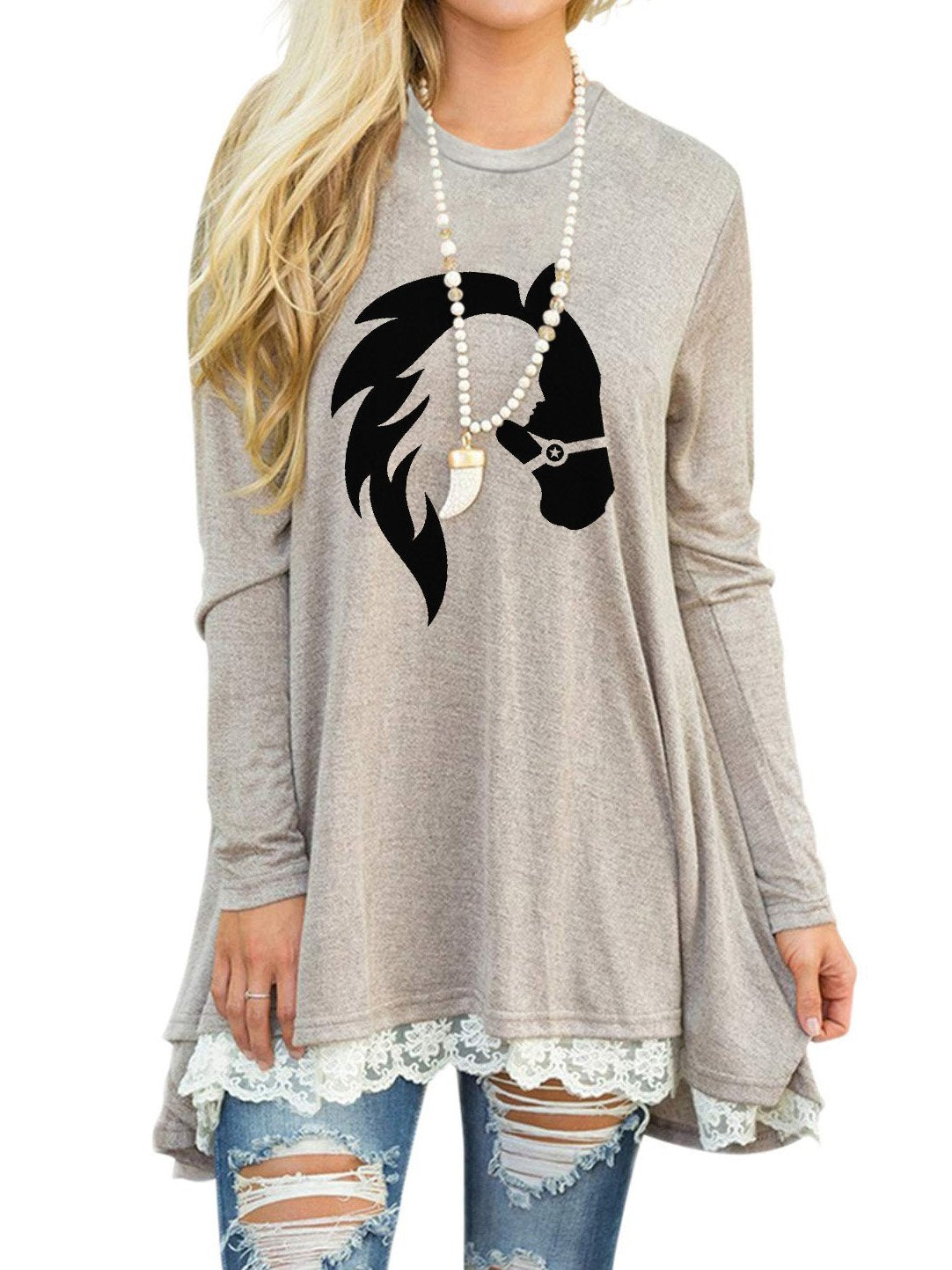 Women's Equestrian Print Lace Long Sleeve T-shirt