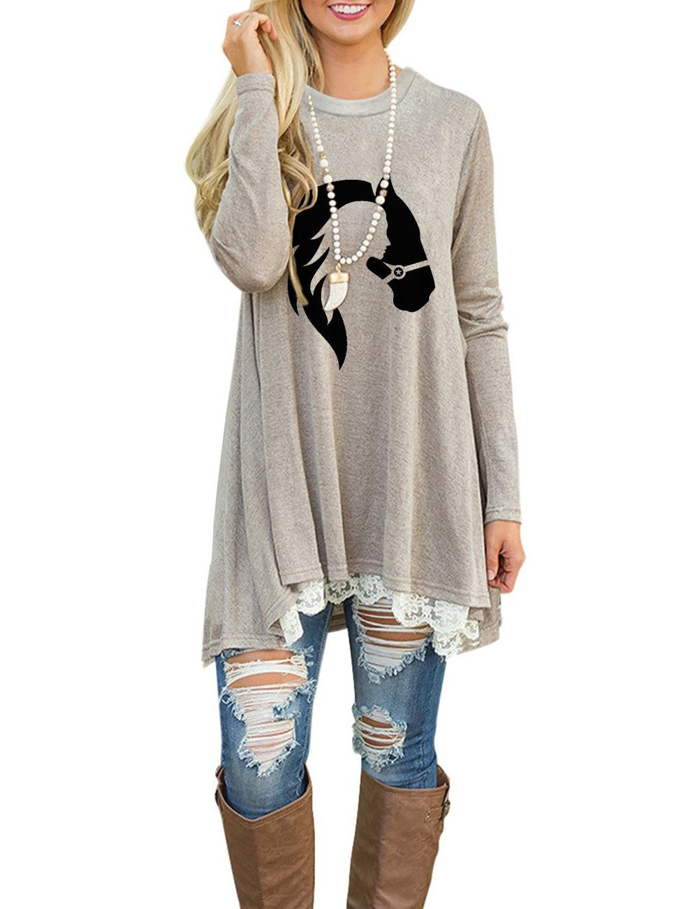 Women's Equestrian Print Lace Long Sleeve T-shirt