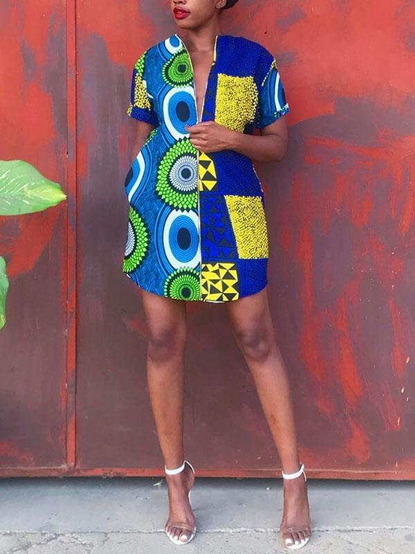 Women's Casual Zipper African Print Dress
