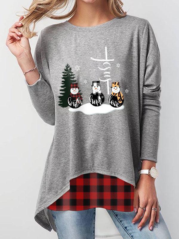 Women's Jesus Faith Hope Love Snowman Print Check Stitching Top