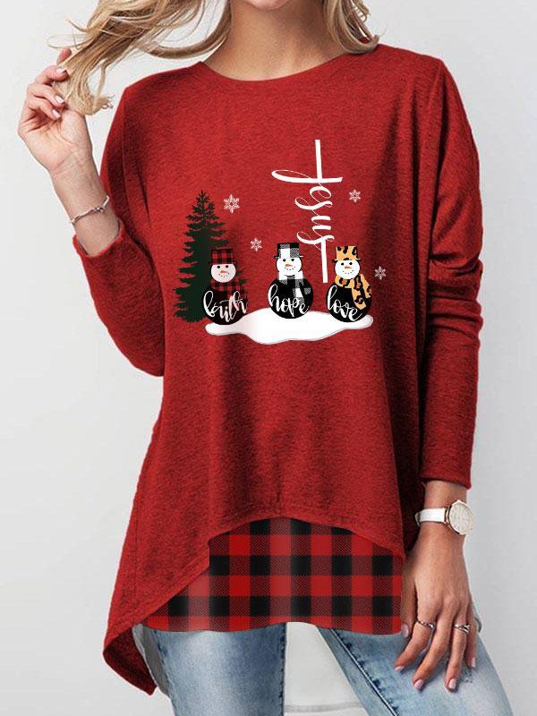 Women's Jesus Faith Hope Love Snowman Print Check Stitching Top