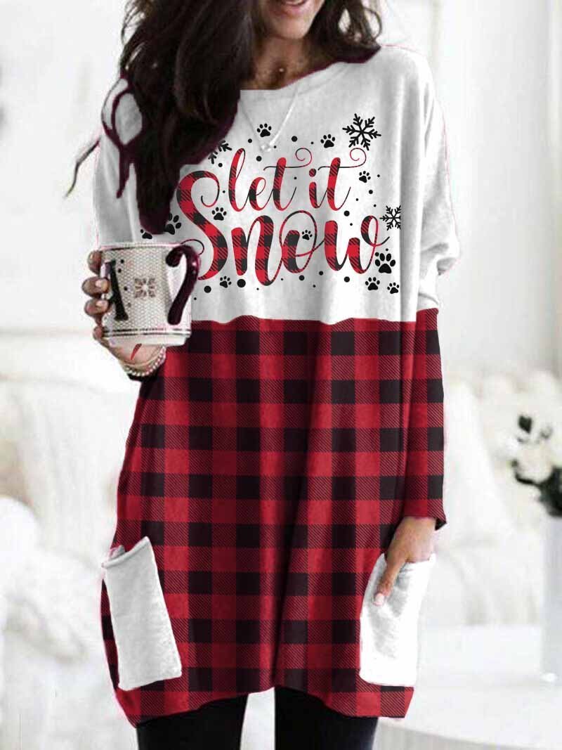 Ladies Christmas Let It Snow Pet Paw Print Plaid T-Shirt