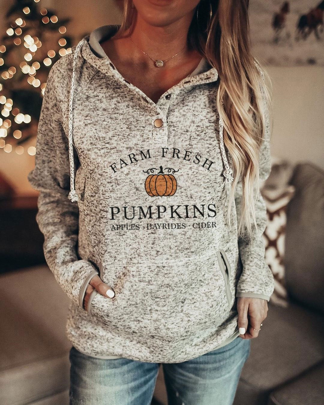 Women's Halloween Farm Fresh Pumpkins Apples Hayrides Cider Printed Long Sleeve Hoodie