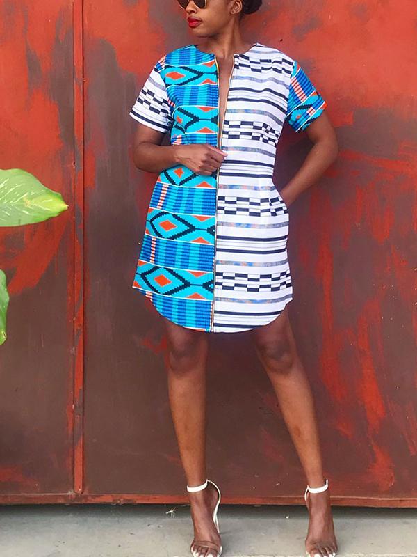 Women's Casual Stitching Print Short Sleeve Dress