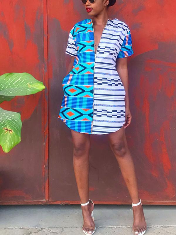 Women's Casual Stitching Print Short Sleeve Dress