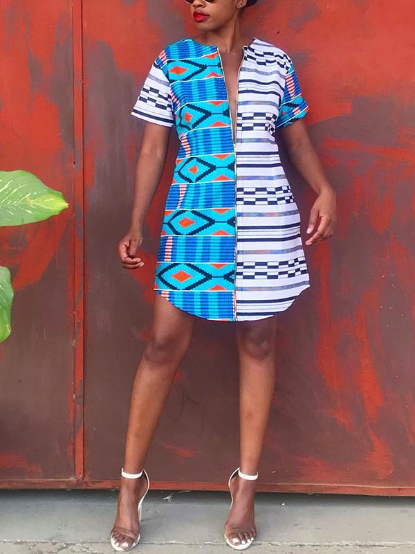 Women's Casual Stitching Print Short Sleeve Dress