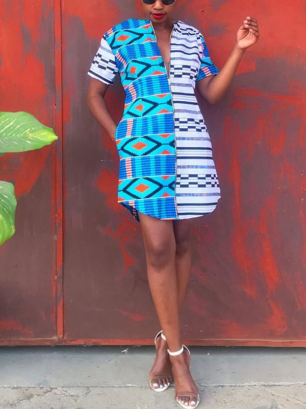 Women's Casual Stitching Print Short Sleeve Dress