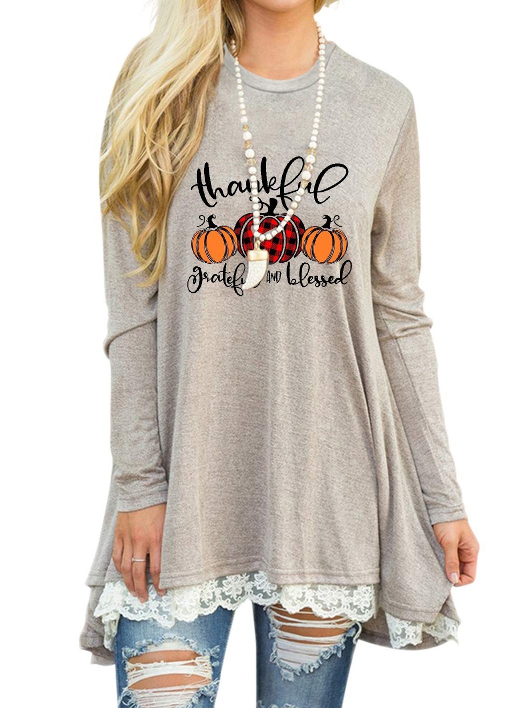 Women's Thankful Grateful And Blessed Lace Long Sleeve T-shirt