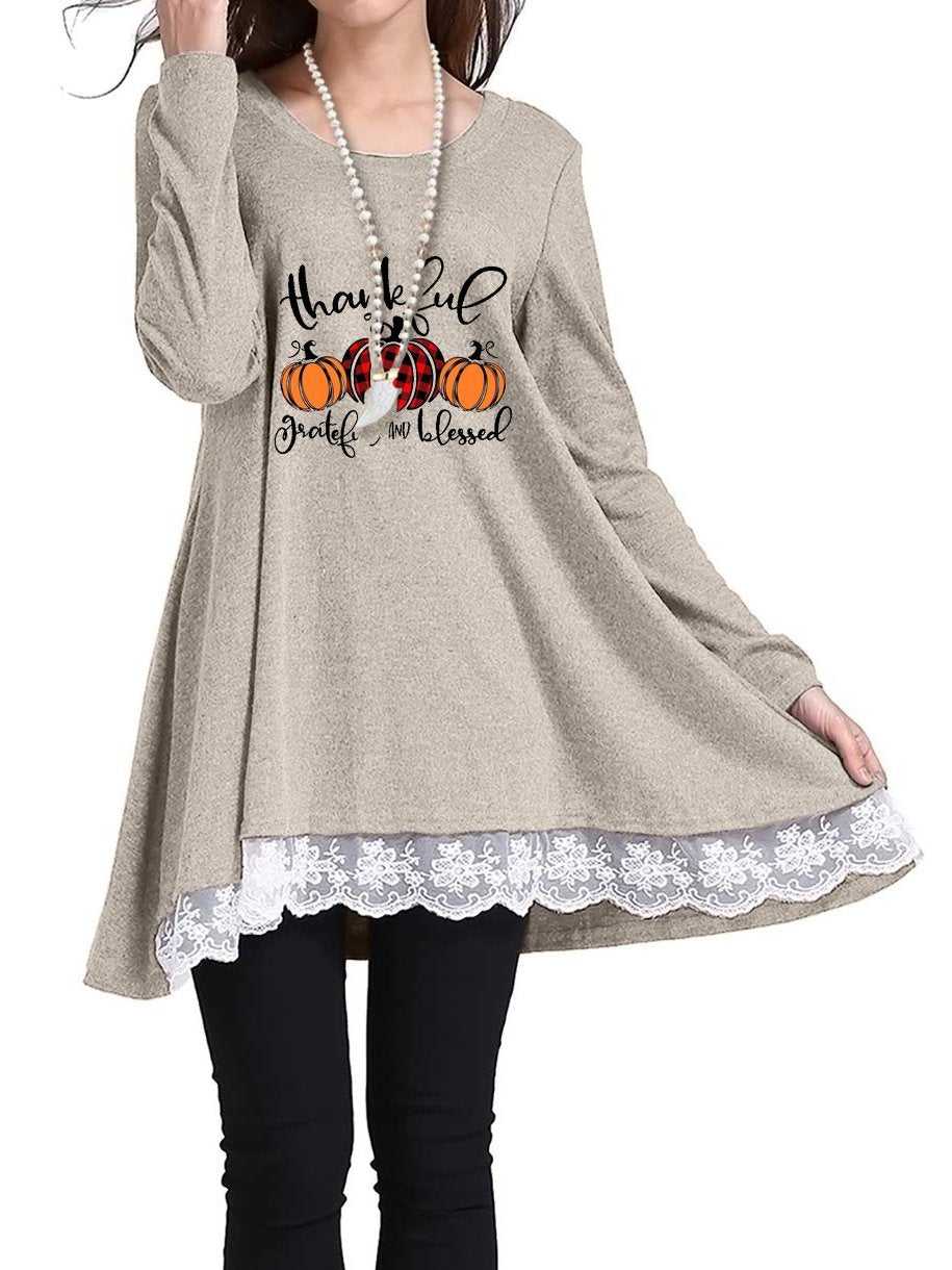Women's Thankful Grateful And Blessed Lace Long Sleeve T-shirt