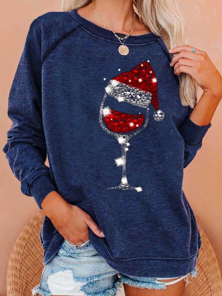 Christmas Red Wine Glass Print Cozy Sweatshirt