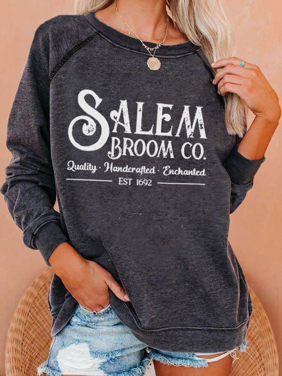 Women's Halloween Salem Broom Print Sweatshirt