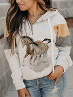 Load image into Gallery viewer, Ladies horse print color block zipper pocket hooded sweatshirt
