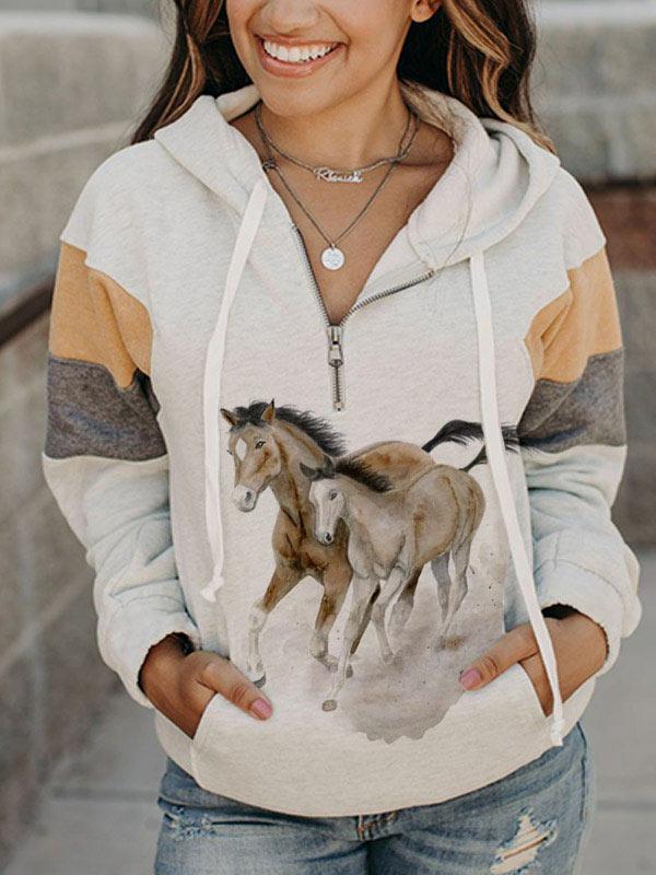 Ladies horse print color block zipper pocket hooded sweatshirt