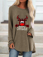 Load image into Gallery viewer, Women O-Neck Christmas Crab Print Loose Long Sleeve Mid-length T-shirt
