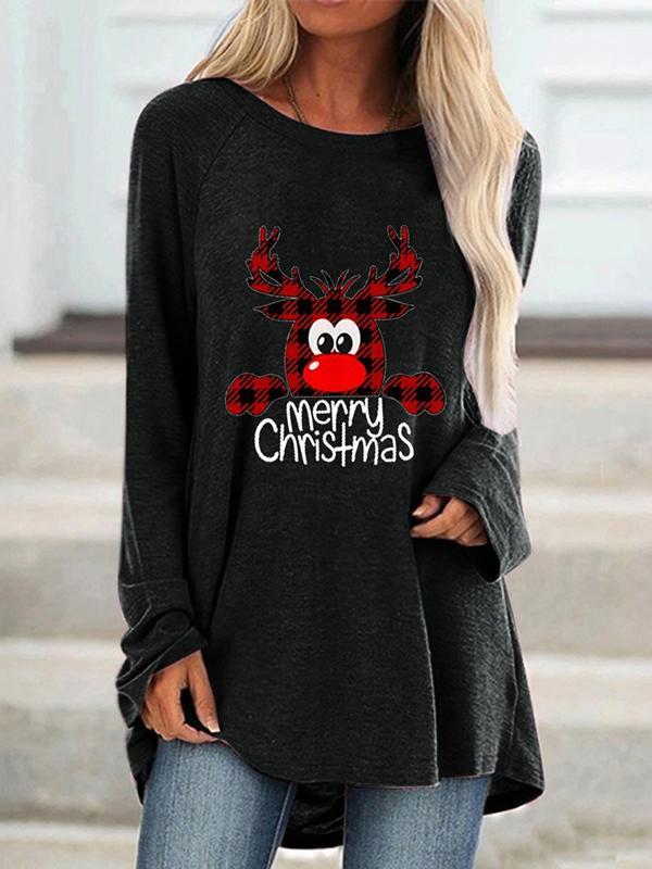 Women O-Neck Christmas Crab Print Loose Long Sleeve Mid-length T-shirt