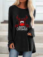 Load image into Gallery viewer, Women O-Neck Christmas Crab Print Loose Long Sleeve Mid-length T-shirt
