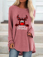 Load image into Gallery viewer, Women O-Neck Christmas Crab Print Loose Long Sleeve Mid-length T-shirt
