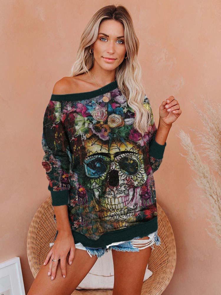 Halloween Skull Print Casual Sweatshirt