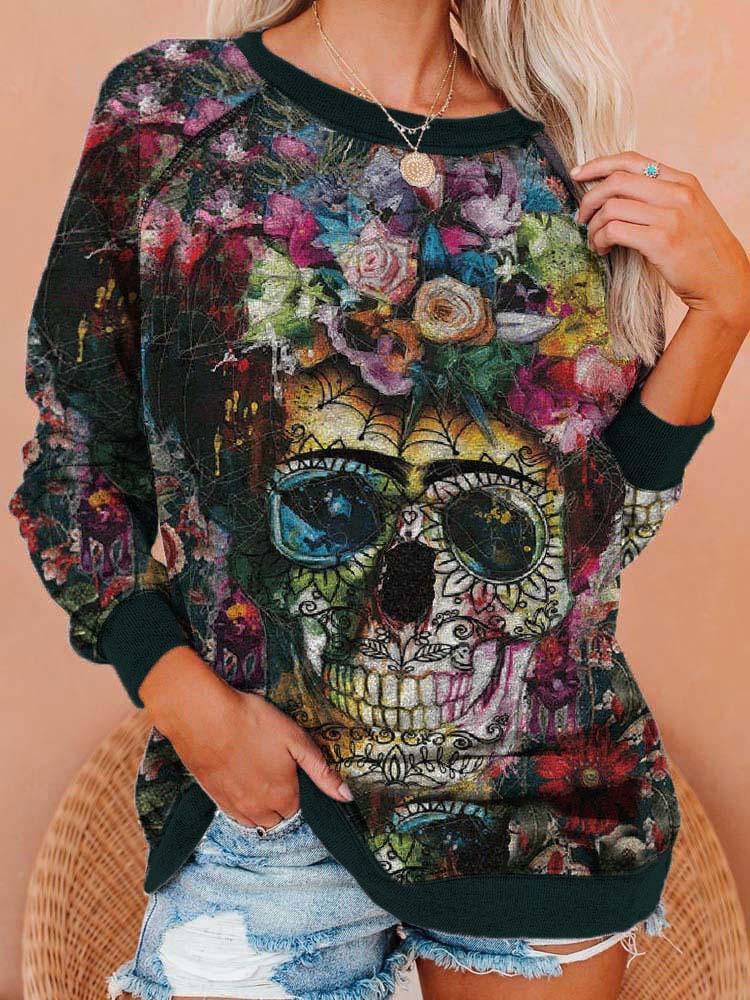 Halloween Skull Print Casual Sweatshirt