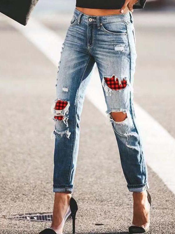 Women's Christmas Plaid Printed Casual Jeans