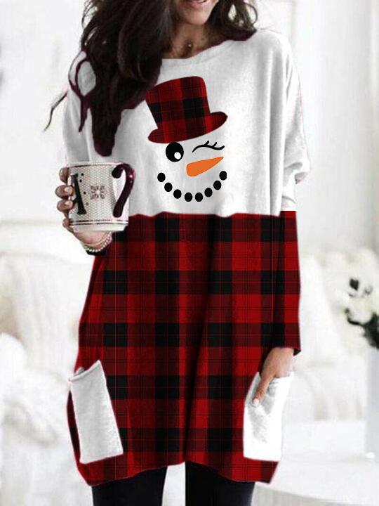 Funny Snowman Print Plaid Stitching T-shirt