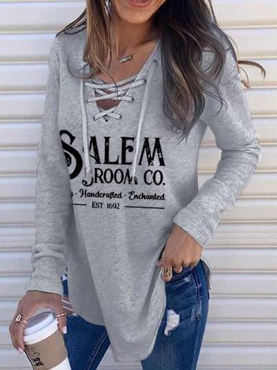 Women's Halloween Salem Broom Print Casual T-shirt