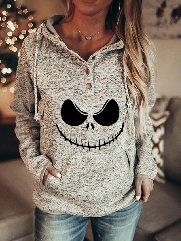 Halloween Jack Skillington Face Print Slot Pocket Snap Button Hooded Sweatshirt