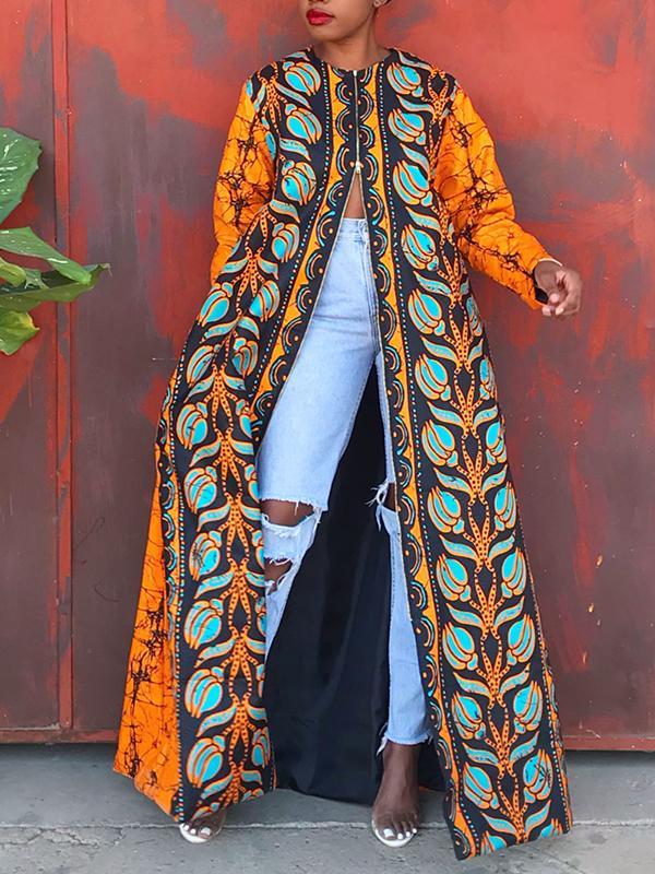 Women's Retro Long Sleeve Zipper Print Dress