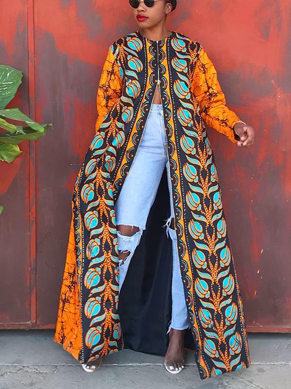 Women's Retro Long Sleeve Zipper Print Dress