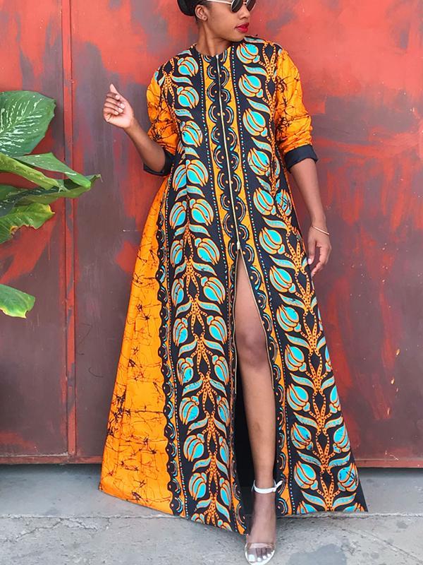 Women's Retro Long Sleeve Zipper Print Dress