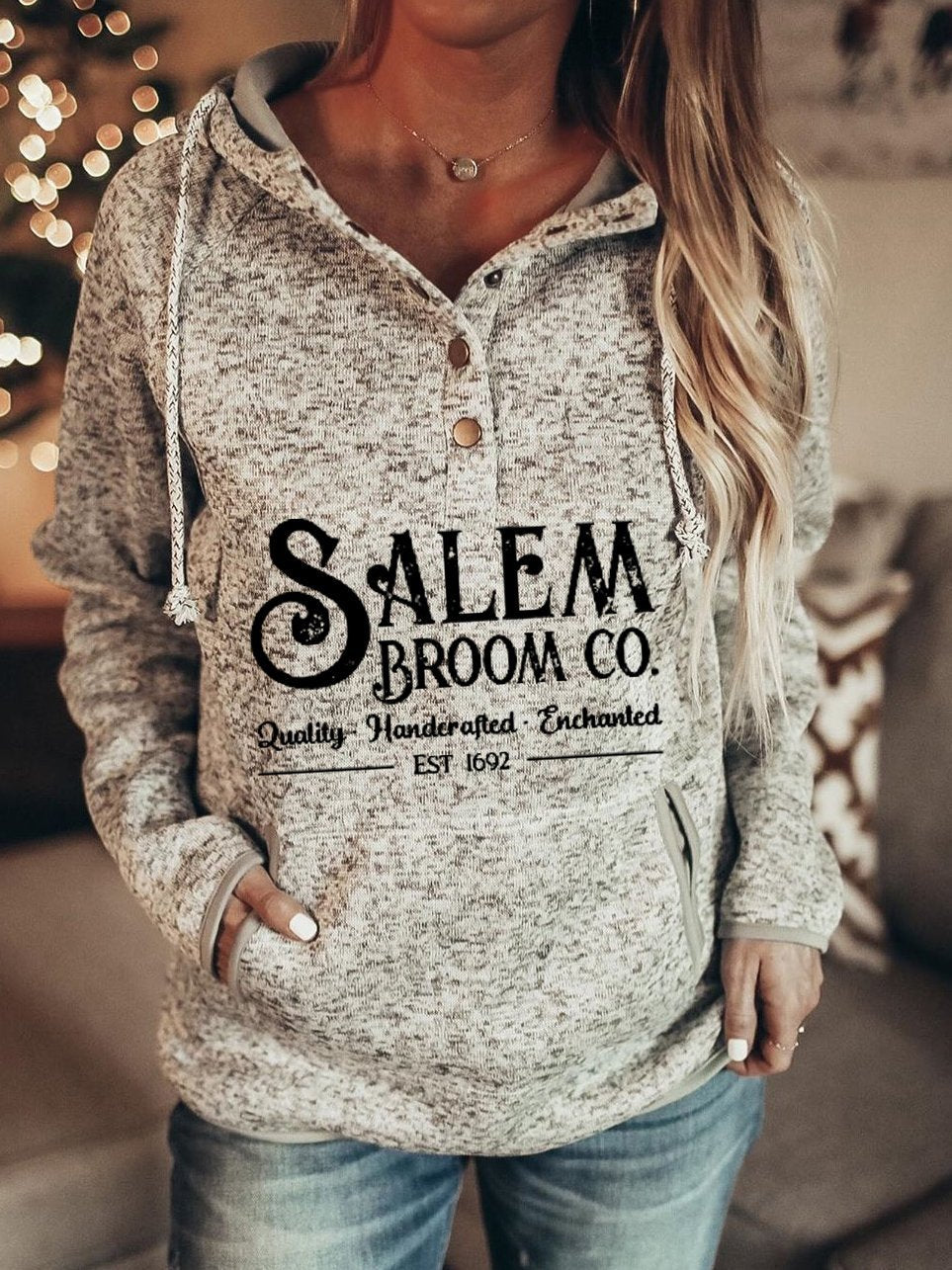 Women's Halloween Salem Broom Print Hoodie