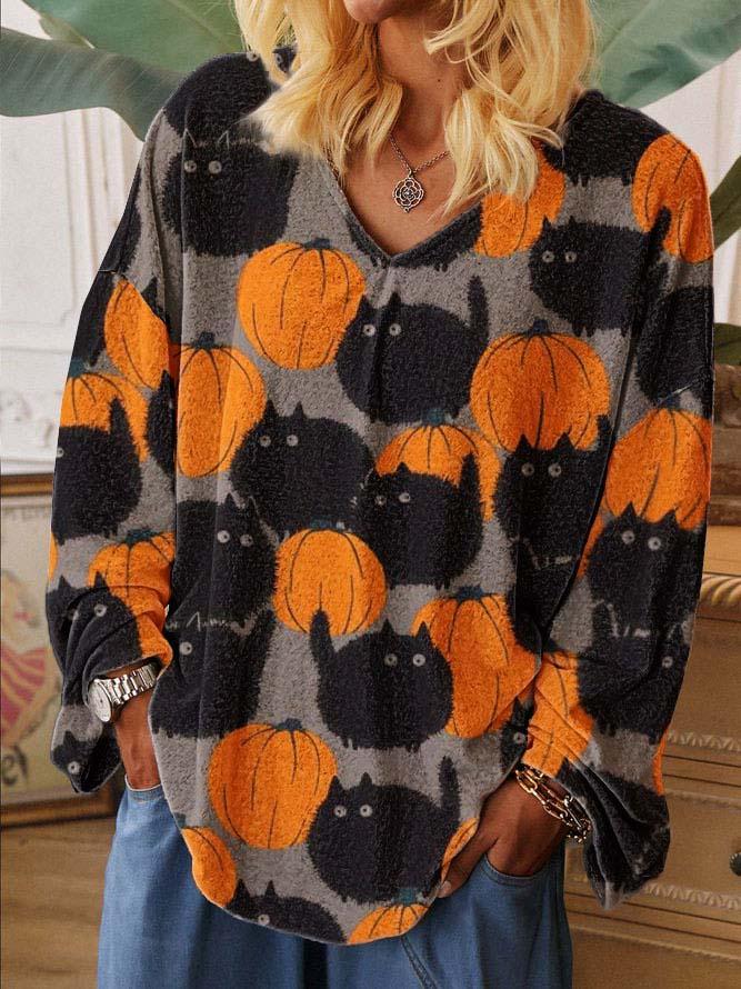 Ladies Pumpkin Cat Print Sweatshirt