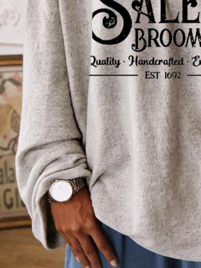 Women's Halloween Salem Broom Printed Casual Long Sleeve T-Shirt