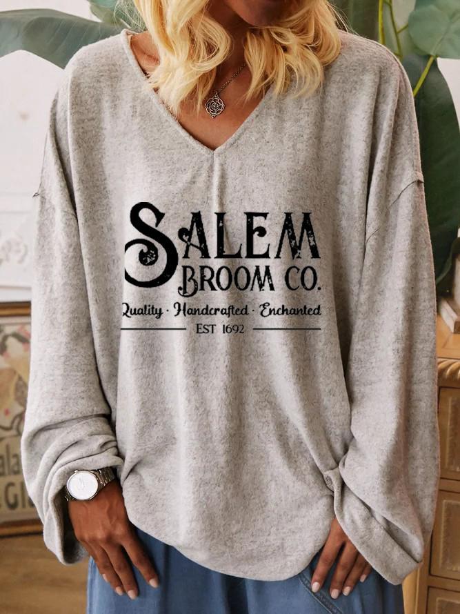 Women's Halloween Salem Broom Printed Casual Long Sleeve T-Shirt