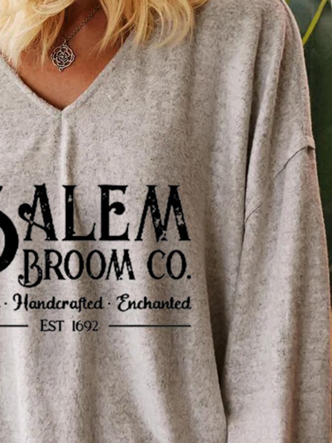 Women's Halloween Salem Broom Printed Casual Long Sleeve T-Shirt