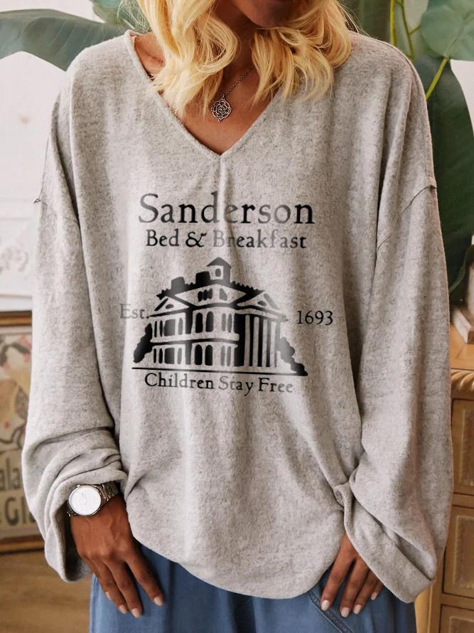 Women's Sanderson Bed & Breakfast Est 1963 Children Stay Free Printed V-neck Sweatshirt