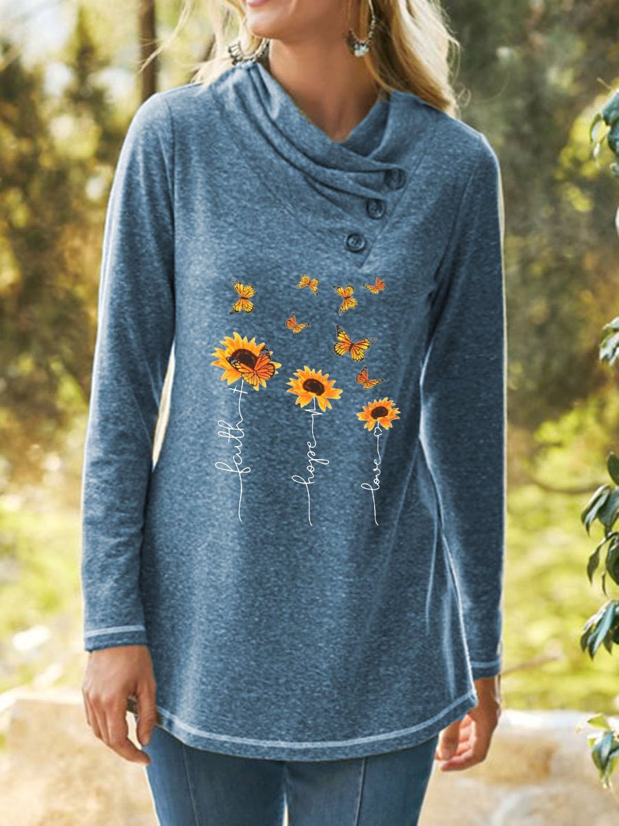 Women's Faith Love Hope Butterfly Sunflower Print Casual Top