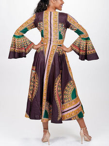 Women's Elegant Zipper Print Flared Sleeve Dress