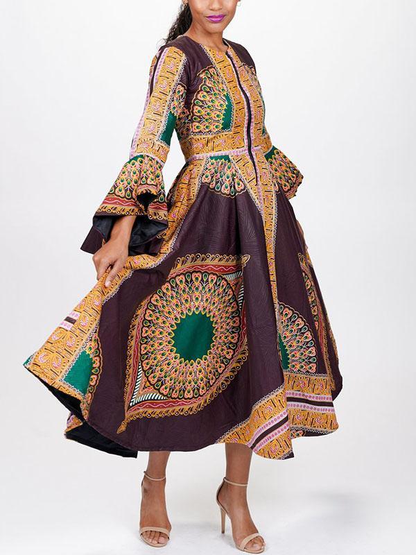 Women's Elegant Zipper Print Flared Sleeve Dress