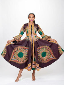 Women's Elegant Zipper Print Flared Sleeve Dress