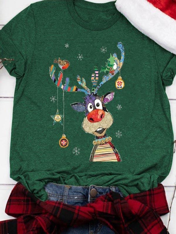 Ladies Christmas Elk Printed Short Sleeve Round Collar T-shirts