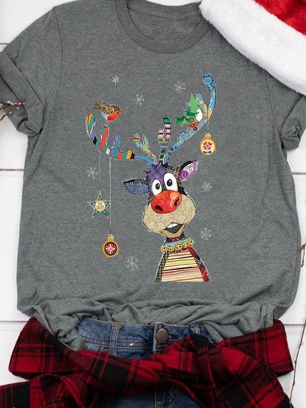 Ladies Christmas Elk Printed Short Sleeve Round Collar T-shirts