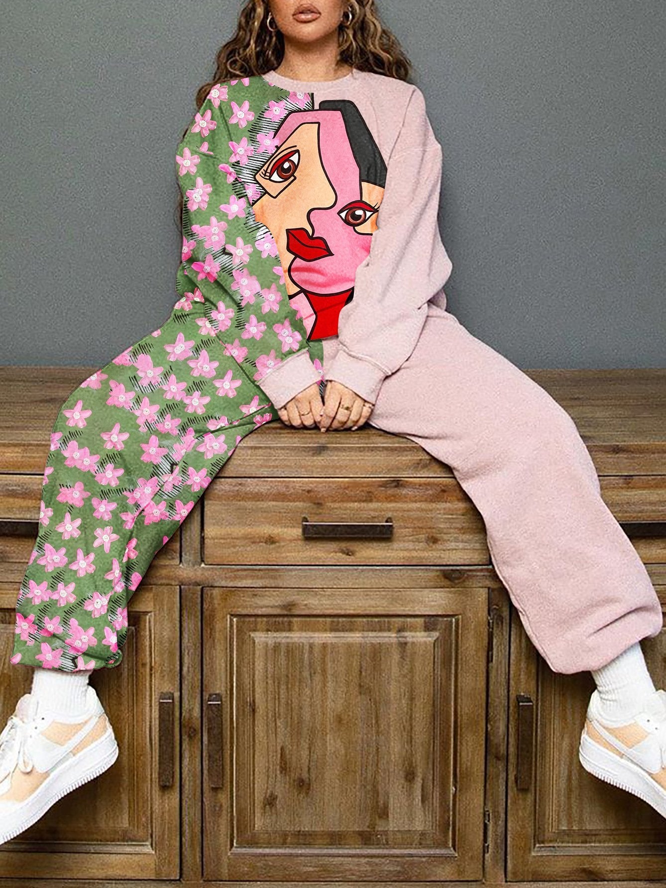 Two piece sets/ Co-ord Floral conventional printing Micro-elasticity Knitted Cotton-Blend Cotton Full Casual Sport street